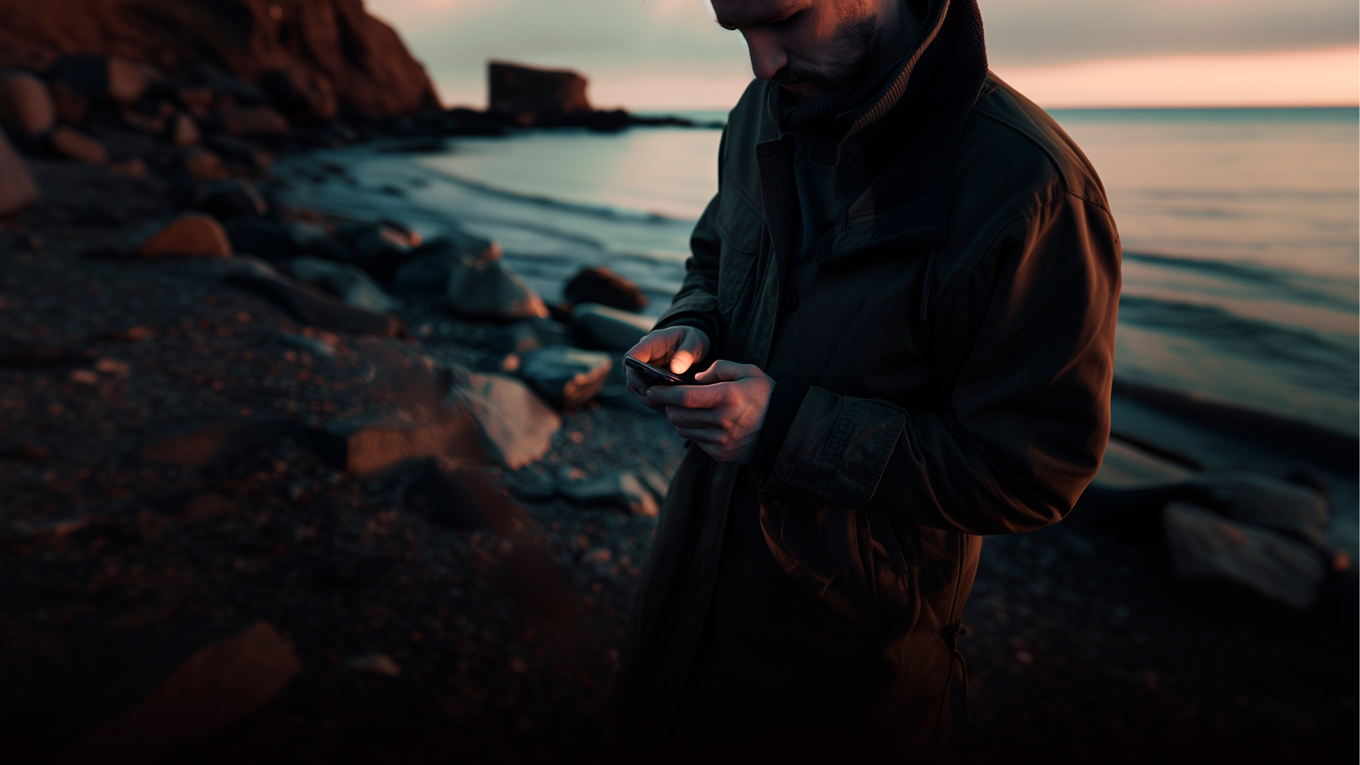 Person mit Mantel steht am Strand und nutzt ein Smartphone.